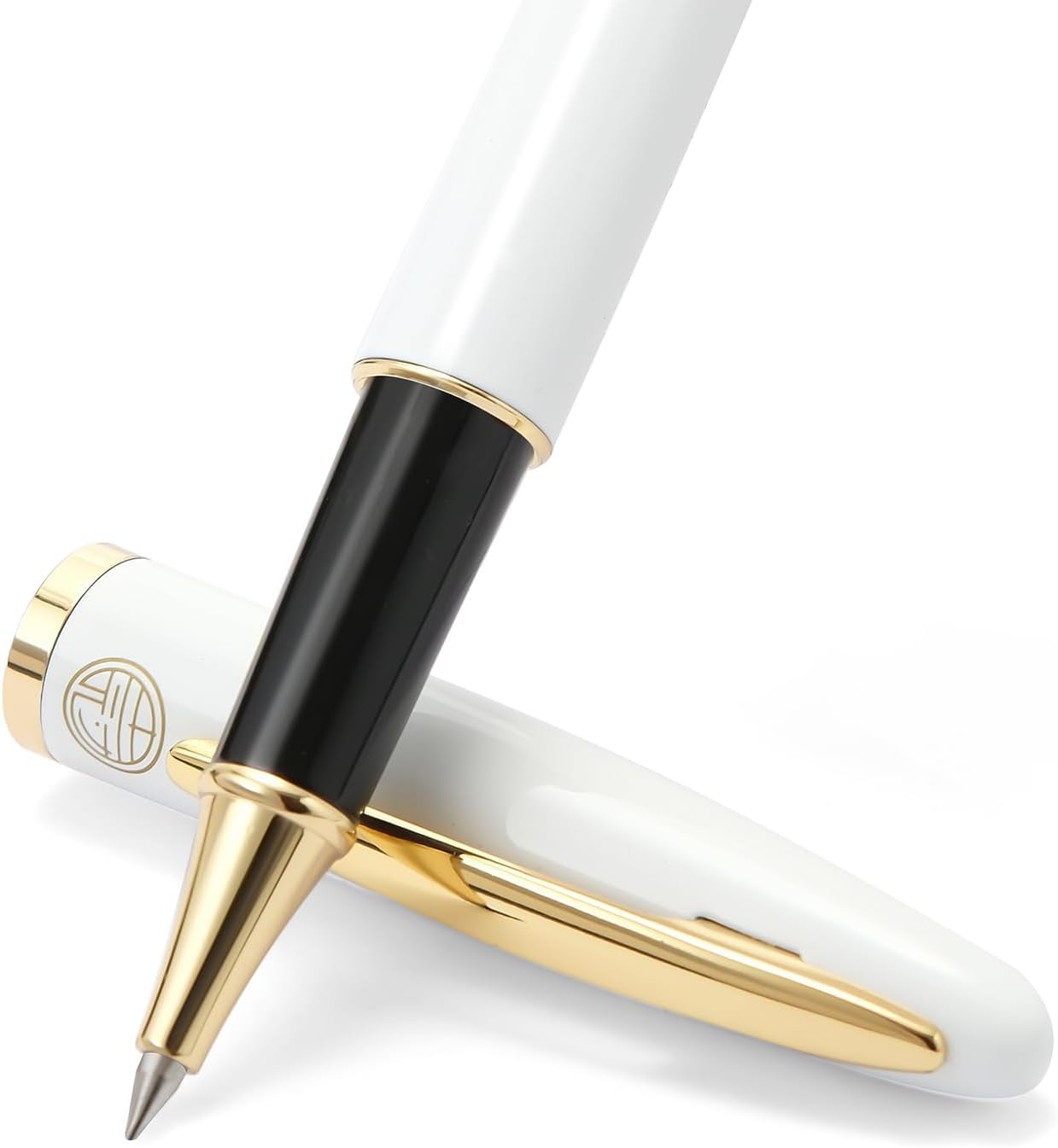 Luxury Gold Rollerball Pen, 24K gold-plated exquisite pen body, stylish and simple design, two ink refills, gift set for men and women, executive writing, office, graduation gift (White)