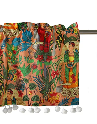 Image of Ravaiyaa - Attitude is everything Hand Printed Half Window Kitchen Curtain 1% Cotton Short Drapery Valance 4 X 18 Inch (Peach Floral, Washable, Pack Of 1Semi Sheer, Rod Pocket)