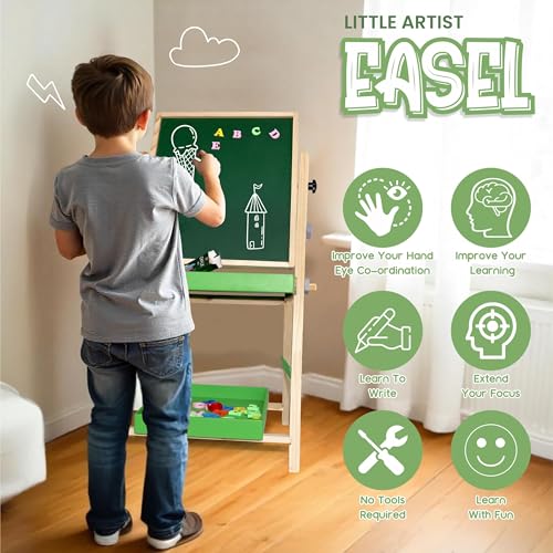 Image of Chanak 2-in-1 Wooden Easel Board for Kids - Magnetic Whiteboard & Chalkboard, Adjustable Height, with Alphabets, Numbers, Marker, Chalks, Duster, Storage Trays, Safe Non-Toxic for Ages 3+