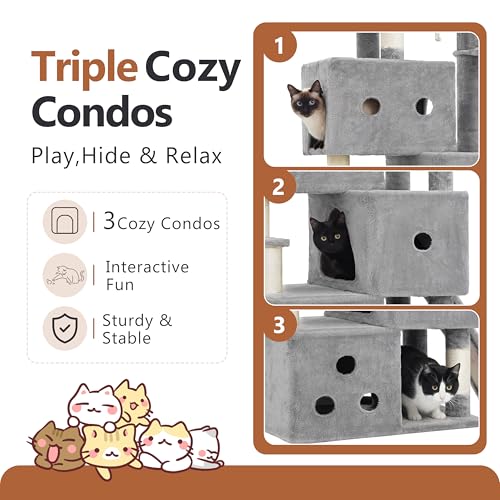 Image of Heybly Cat Tree, 74-Inch Streamlined Cat Tower for Large Cats HCT061W | Cat Furniture with 3-Tier Stacked Condos, Large Perch, Sturdy Base, Full Sisal Scratching Posts & Ramp, Light Gray