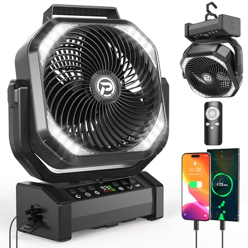 Camping Fan with Light - 20000mAh Rechargeable Battery Fan, 112Hrs Max Run Time, 8 Speeds, Digital Display, Timer, Auto Oscillation, 270° Pivot & Hook for Camping, Power Outage, Hurricane (Black)