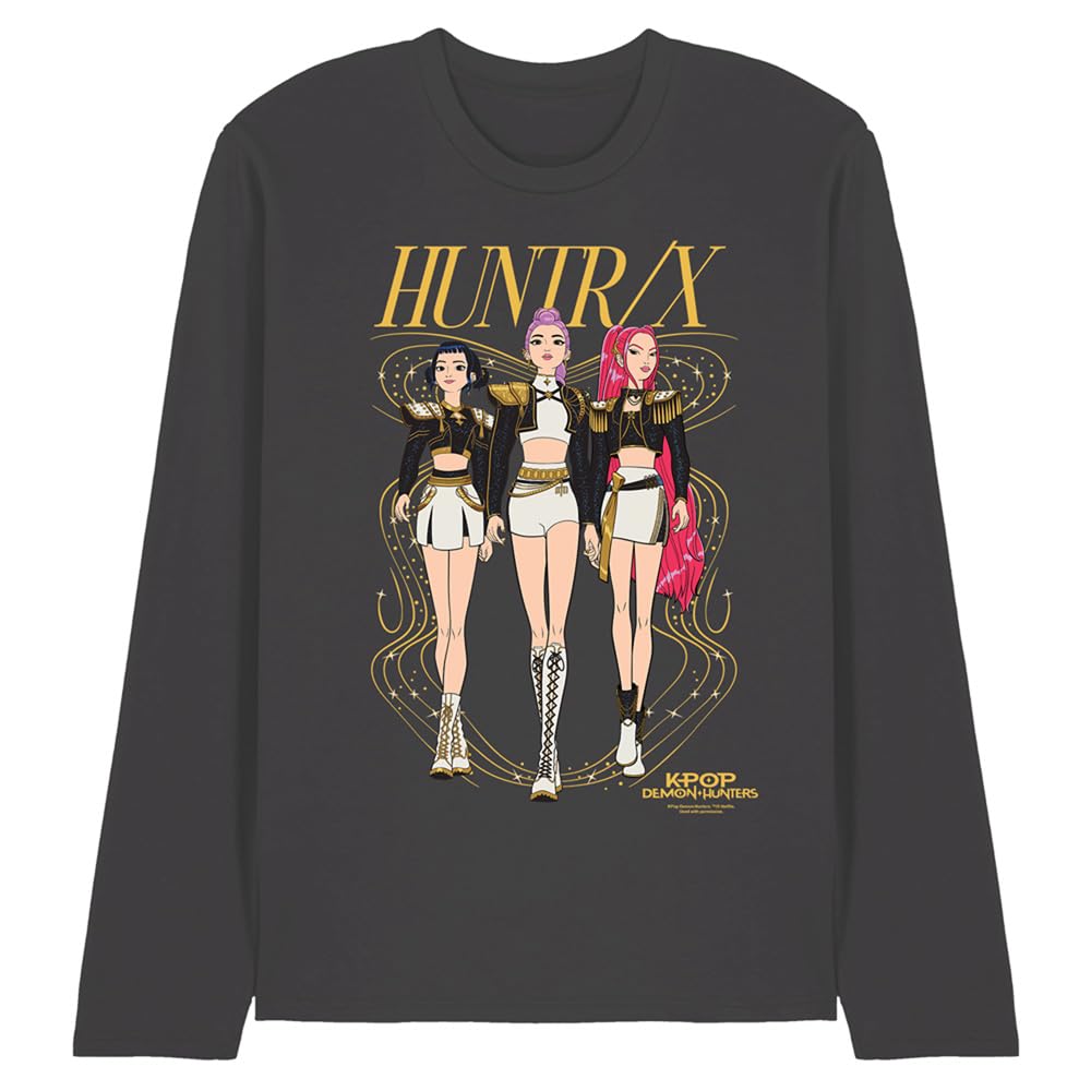 Kpop Demon Hunters Huntrix Golden Sparkles Unisex Long Sleeve T Shirt, Charcoal, XX-Large