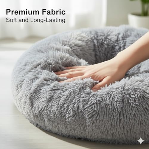 Image of Luxury Plush Dog Bed Small Size for Dogs & Cats, Ultra Soft Calming Donut Pet Bed with Raised Rim and Anti-Slip Base, (Grey)