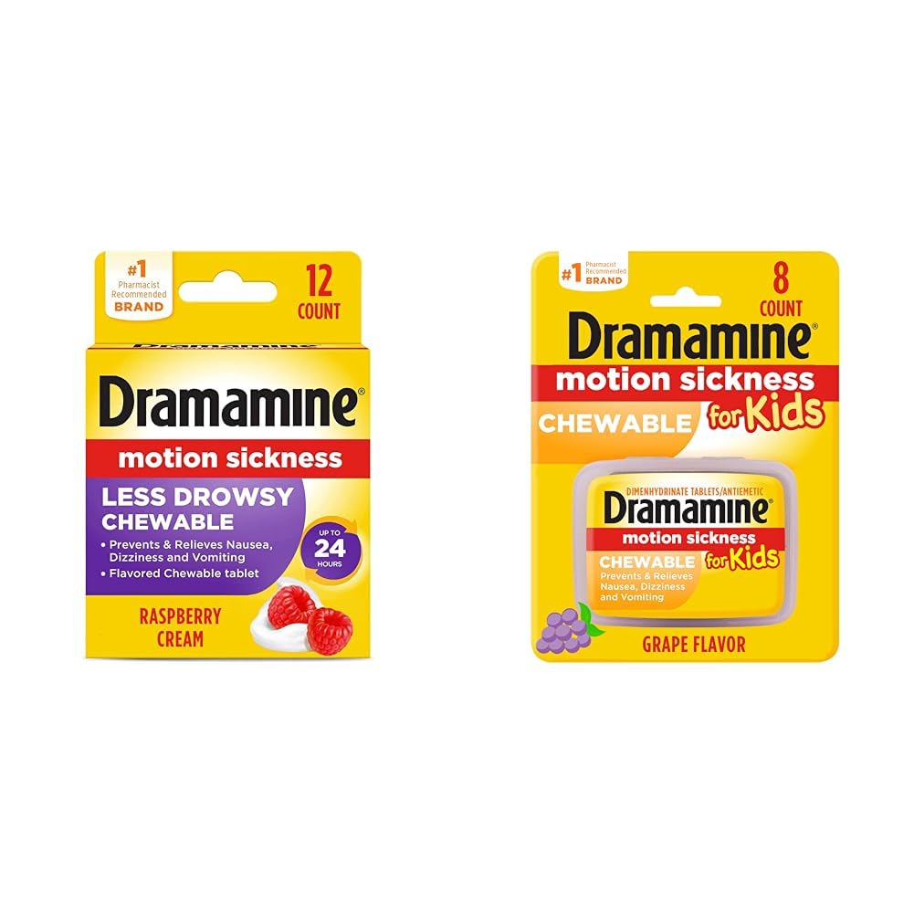 DramamineMotion Sickness Relief Chewable Tablets Bundle with Raspberry Cream Flavor 12 Count and Grape Flavor for Kids 8 Count