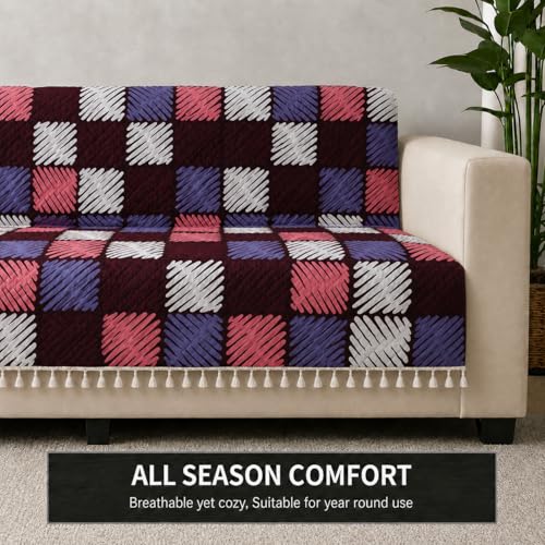 Image of STITCHNEST 'Frostvine Collection' 2 Seater Sofa Cover - Full Coverage| Cotton Quilted Fabric, Decorative Tassels, Washable & Durable for Modern Living