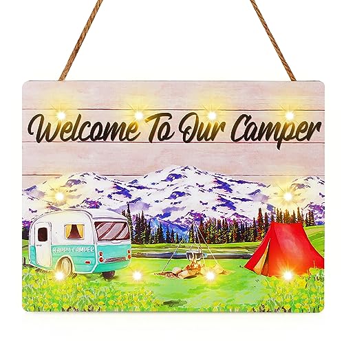 Camping Party Decoration Happy Camper Wooden Sign Welcome to Our Camper Wall Decor LED Light Camping Sign Bedroom Inside Outside RV Decor Camping Classroom Birthday Decor Christmas Gift for Boy Room