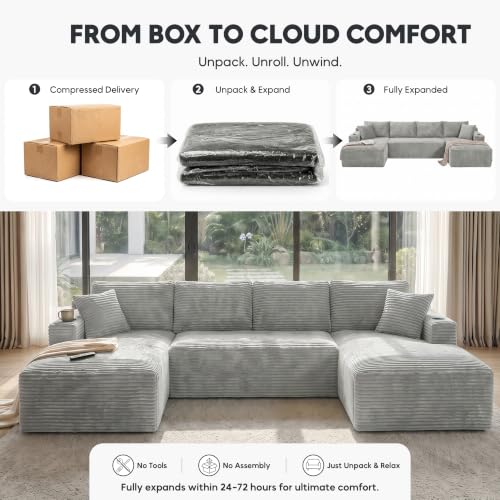 Image of 133 inch U-Shaped Modular Sectional Sofa, Corduroy Boneless Couch, Light Grey | Cloud Luxury Comfort, Couches for Living Room, Storage & Cupholder, Oversized Sofa, Deep Seat, No Assembly Required