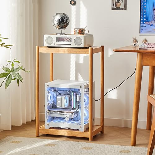 サイドテーブル、 Solid Wood Computer Tower Stand, 2-tier Cpu Holder Cart with Ventilated Base, Desktop Mobile Cart Holder for Computer H
