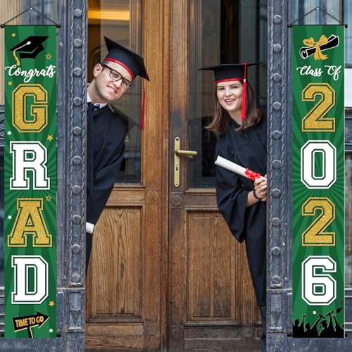 Image of Graduation Banner 2026 Graduation Decorations Green and Gold Grad Banner Porch Sign Class of 2026 Door Decor Congrats Hanging Backdrop Green Gold Grad Party Decor for School Congratulations Supplies