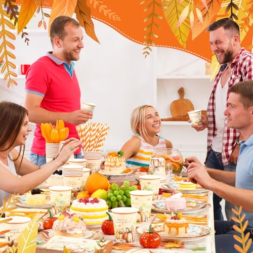 Image of Funnymoom 452 Pcs Hello Pumpkin Thanksgiving Fall Party Supplies for 50, Thanksgiving Pumpkins Paper Plates Napkins Cups Tablecloth Cutlery Straws for Autumn Harvest Birthday Baby Shower Decorations