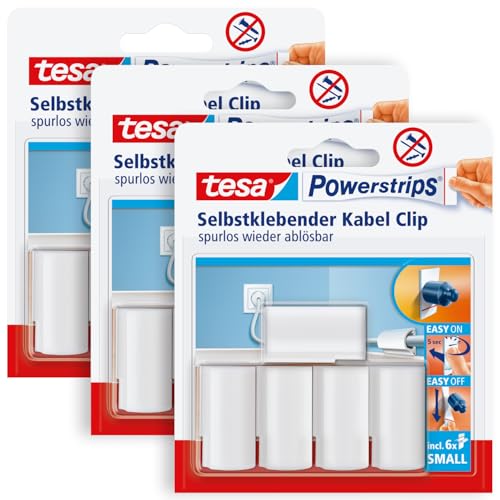tesa Powerstrips Kabelclip im 3er Pack - Kabel Clip selbstklebend - Zur Fixierung von Kabeln - In Weiß - 3 x 5 Kabel Clips