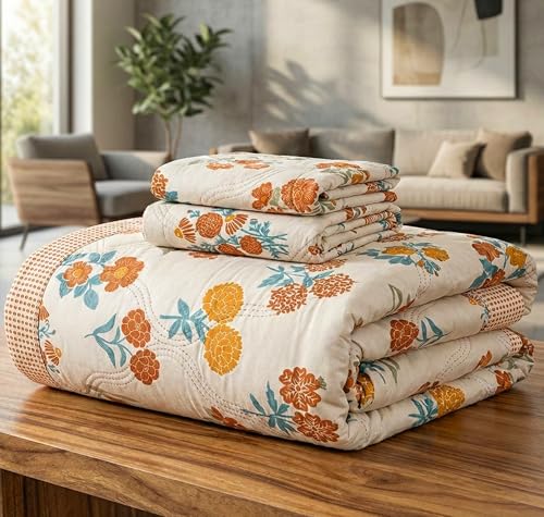 Image of BSB Home Cotton All-Weather Embroidered Ultrasonic Quilted Thread Free 3 Pcs Comforter Set with Pillow Shams- Light Weight Bedspread /Duvet /Quilt - Double, 150 GSM | Almond and Rust