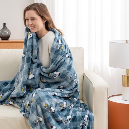 Image of Berkshire Blanket Peanuts VelvetLoft Cute Character Snoopy Plush Throw Blanket,Peanuts Snoopy Everyday Buffalo Plaid Navy Tonal,Throw 55 in x 70 in (Official Peanuts Product)