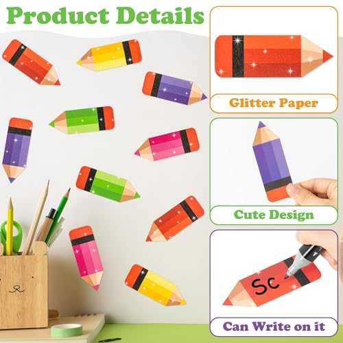 Image of Glitter Pencils Cutouts - 100Pcs Back to School Colorful Pencils Cut Outs Bulletin Board First Day of School DIY Pencil Paper Cuts Name Tags for Graduation Birthday Party Supplies Classroom Wall Decor