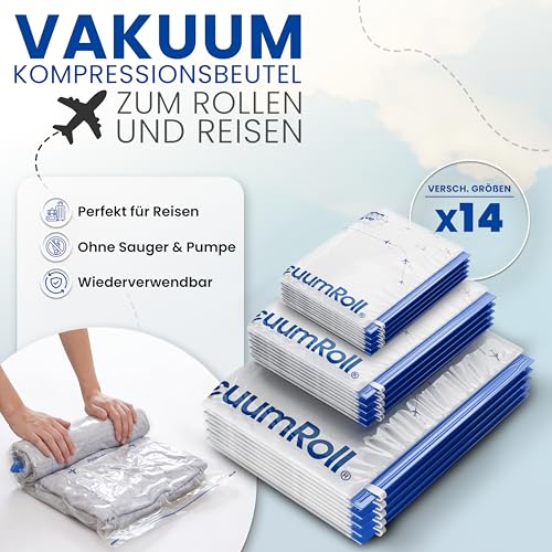 myHodo Vakuumierbeutel zum Rollen (14 Stück) für Kleidung (3 Größen - 70x50 60x40 50x35cm), Kompressionsbeutel, große Reise Vakuumbeutel, Vacuum Storage Bags, Kleiderbeutel für Reisen & Rucksack