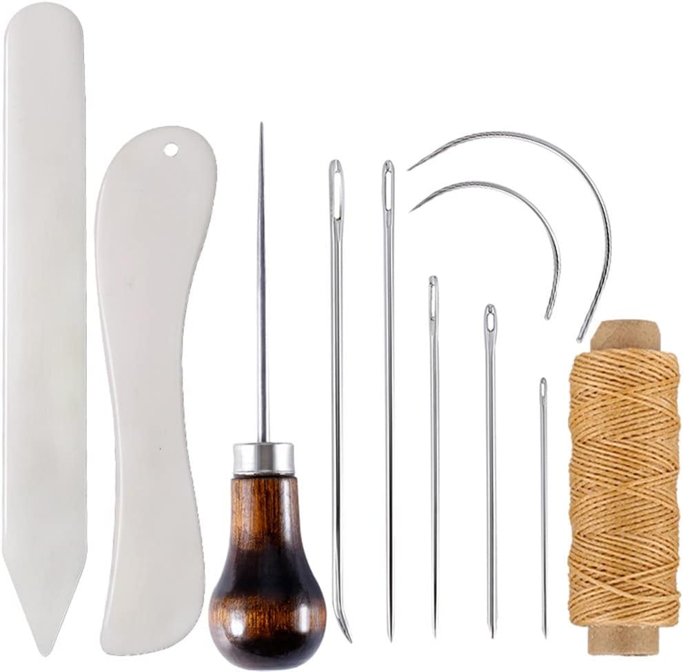 HIONJIN Leather Craft Tools Kit Waxed Thread Needles Bone Folder Wooden Handle Awl Hand Sewing Leather Craft Making Tools Set