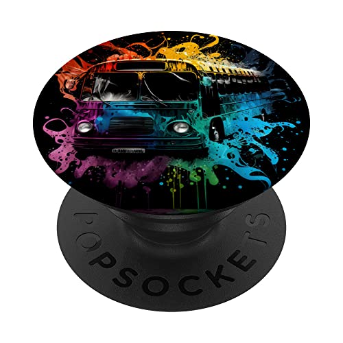 Bus Splash Art Bus Driver Omnibus Work Bus Coach Retro PopSockets Swappable PopGrip, Black