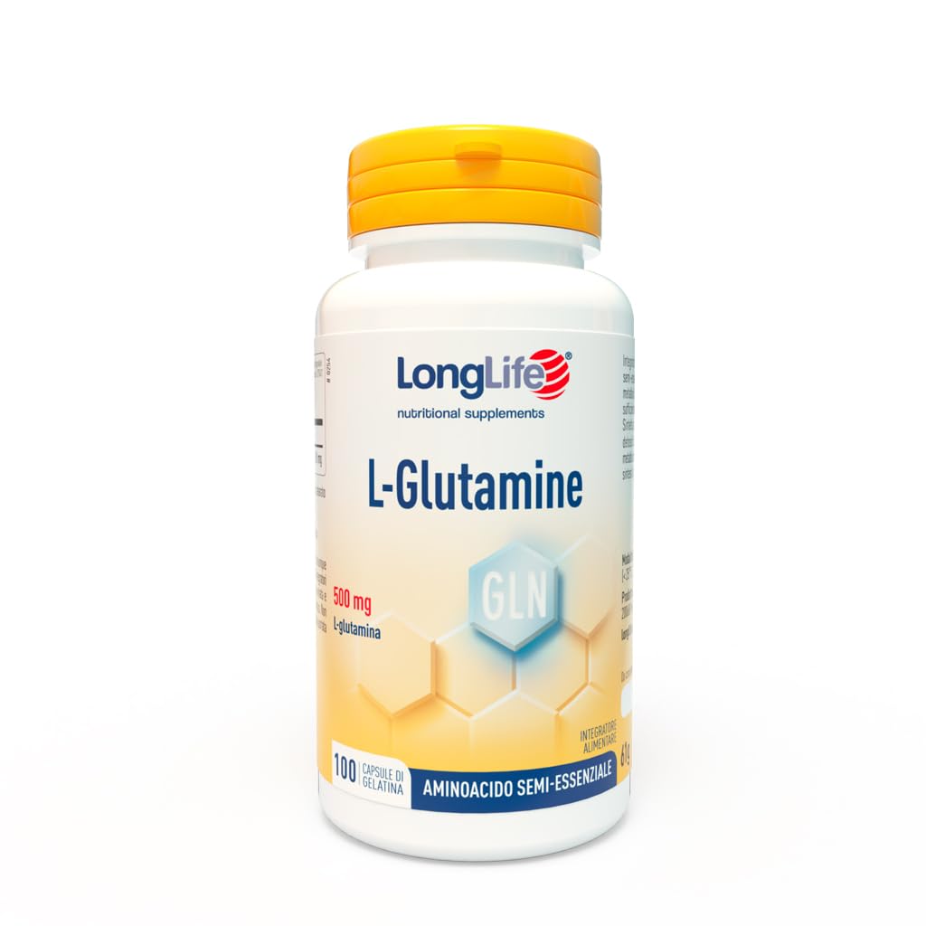 LongLife® L-Glutamine | 500 mg | Aminoacido semi-essenziale | Turnover proteico | Supporto muscolare | Alta purezza e qualità | 100 capsule di gelatina | Senza glutine e doping free