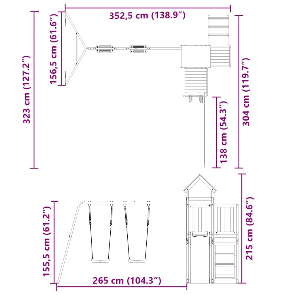 Torre da gioco in legno di pino impregnato con scivolo ondulato e doppia altalena per giardino, casetta giochi per esterni con sabbiera, struttura da arrampicata, scala, altalena