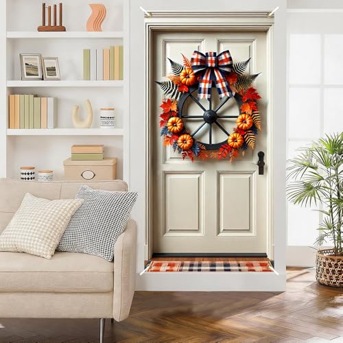 Image of Fall Wagon Wheel Door Cover 35x71in Pumpkin Maple Plaid