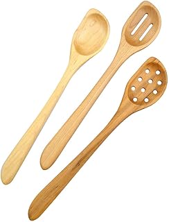 American Made Natural Hard Maple Wood Angled Cooking and Mixing Spoons, Set of 3 (Left Handed Version)