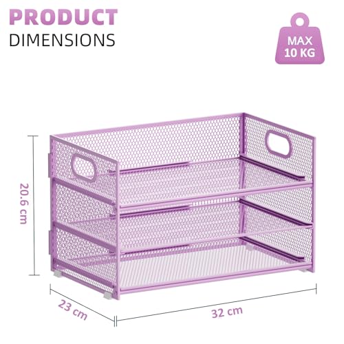 Marbrasse Desk Organiser,3 Tire Letter Paper Tray Organiser with Handle,Mesh Desk Organiser Tray for A4 File,Home Office Supplies(Purple) - Image 3