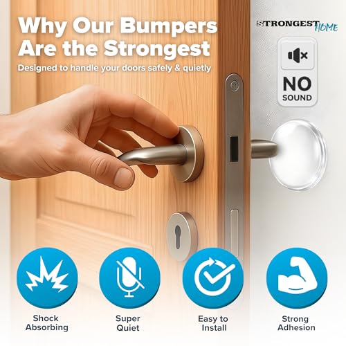 Image of STRONGEST HOME Door Stoppers (Medium) 2 inch - Door Stop for Wall with Strong Back Adhesive - Quiet and Shock Absorbent Silicone Wall Protectors from Door Knobs - Protects Every Surface - (Clear | 20 PCS)