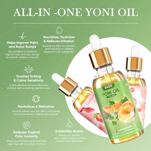 Image of BASSI 3 PCS Natural Yoni Oil for Women -Feminine Oil Vaginal Moisturizer - Reduces Odor, Restores pH Balance, Helps with Vaginal Itch, Herbal Yoni Blend with Strawberry Peach Hami Melon