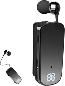 Retractable Wireless Headset Headphone Stereo Earphone V5.0 Noise Cancelling Mic Clip on Earpiece Comfortable HandsFree Headset 20Hrs Talking Time Sports Business Trucker Driver Earbud