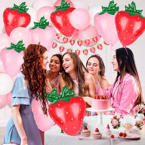 Image of Kriyokiaa 8 PCS Strawberry Balloons, 28 inch Berry First Foil Balloon Shortcake Birthday Decor Perfect for Strawberry Birthday Party, Baby Shower Decorations
