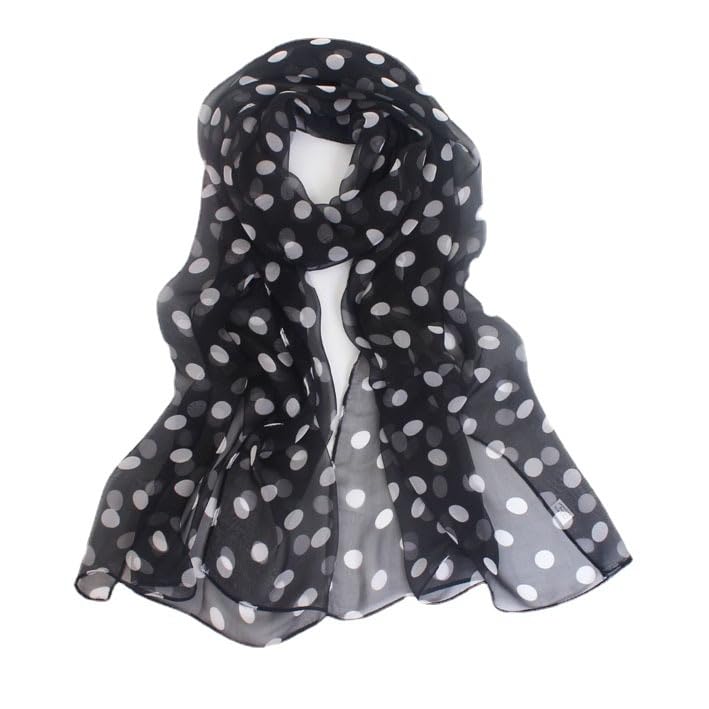 Lightweight Chiffon Scarf Women - Black & White Polka Dot Long Sheer Scarf, Fashion Head Wrap, Elegant Dress Accessory