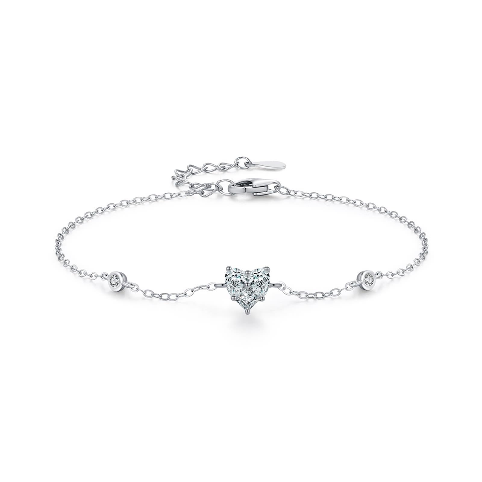 Au 375/585/750 Bracelet pour femme en or blanc véritable, classique cœur pour femme avec cœur créé en laboratoire Diamant coupe goutte, Bracelets en or blanc 9 K/14 K/18 K
