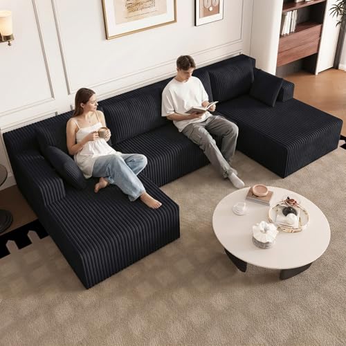 Image of 124 inch U-Shape Cloud Couch, Modern Modular Sectional U-Shape Sofa, Corduroy Boneless Couch Upholstered Couches Deep Seat Sleeper Chaise Longue for Living Room, No Assembly Required, Black
