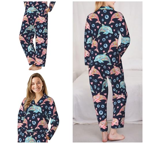 Image of Women'S Long Sleeve Pajama Set Soft Loungewear Button-Down Top & Elastic Waist Pants S- 2XL