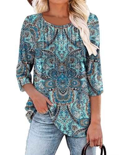 KISSMODA Tunic Tops for Women Loose Fit Dressy Round Neck Pleated 3/4 Length Sleeve Spring Tops