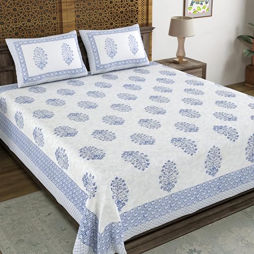 Image of BLOCKS OF INDIA Hand Block Printed 200 TC Cotton King Size Bedsheet (Blue Pot)