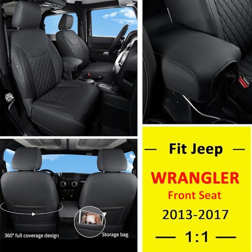 Image of GIANT PANDA Front Jeep Wrangler 2 /4 Door JK 2013-2017 Car Seat Covers for Sahara Sport Rubicon Unlimited Altitude, Customized Faux Leather - (Black)