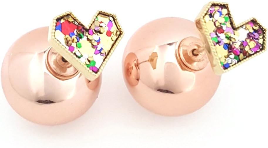 Artnouveau Elle Dainty Glitter Heart Stud Double Sided Rose Gold Round Ball Earrings Fashion Jewelry