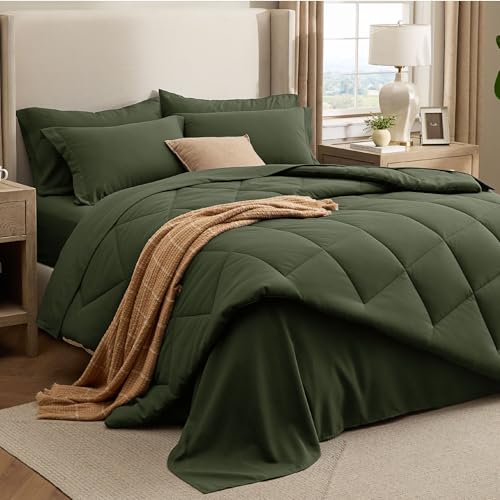 Image of Bedsure 7 Pieces King Comforter Set Premium Series, Hotel Luxury Soft Bed in a Bag, Goose Down Alternative, Safe for Sensitive Skin Bedding Comforter All Season Medium Warmth, Olive Green King Size