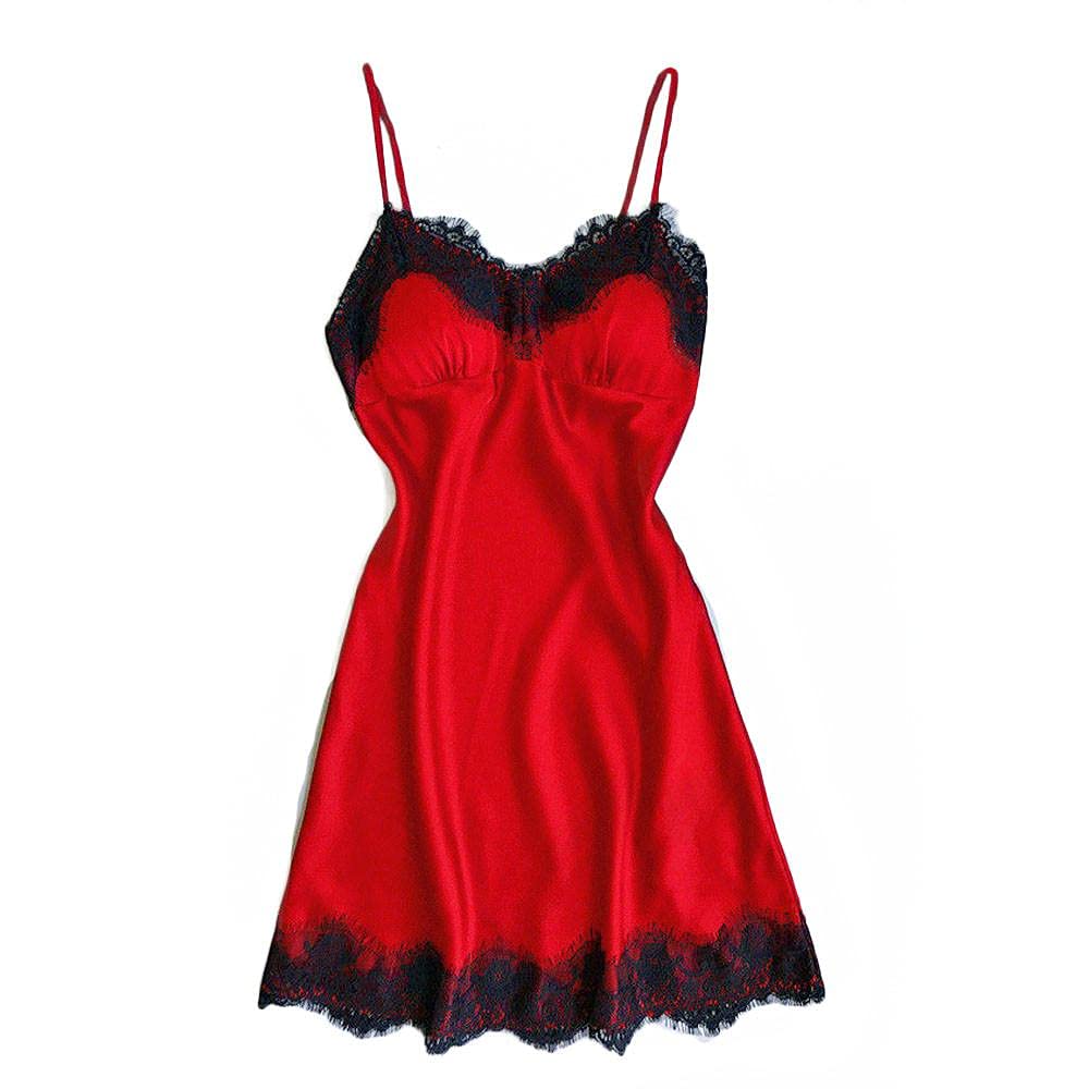 riou Camisón De SatéN para Mujer Sexy V Sling Profundo Ropa de Dormir Enaguas para Vestidos Suave y Ligero Niña Elegante Camisones Encaje Blanco Negro