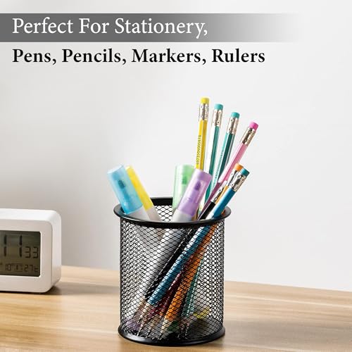 Image of GLUN Round Black Mesh Metal Desk Pen Stands 10 Piece, Pencil and Other Stationery Organiser Holder, Use at Office, School and Home