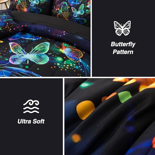 Image of A Nice Night 3D Butterfly Galaxy Bedding Sets Kids Full Comforter Set | Butterfies Flying in Space Printed,Glitter Bedding Bed in a Bag, For Boys Girls Teen Room Decor,All Seasons,Ultra Soft