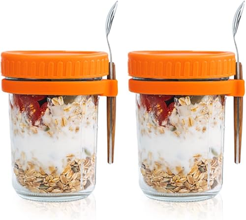 Miniatura 1 de Overnight Oats Tarros con tapa y cuchara, juego de 2, tarros de avena herméticos de gran capacidad de 16 onzas con marcas de medición, tarros Mason