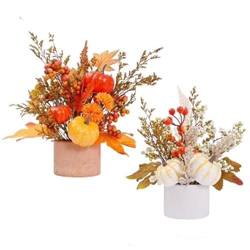 WK WENKRYGDN 2 pcs Fall Potted Faux Plants Autumn Pumpkin