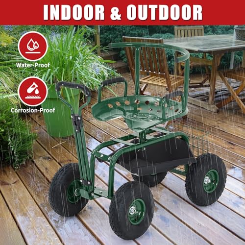 Rolling Garden Work Seat with Wheels, 300lbs Heavy Duty Garden Cart, 360° Swivel Adjustable Height Rolling Stool, Extendable Handle, Storage Basket & Tray for Gardening, Lawn Care, Adults & Seniors by PeakPursuit - Image 6