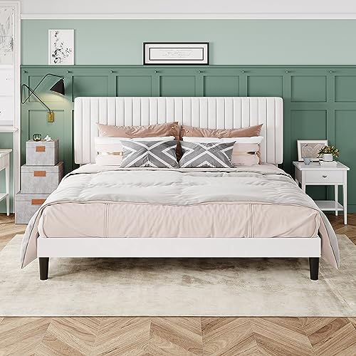 Image of Allewie King Bed Frame, Velvet Upholstered Platform Bed with Adjustable Vertical Channel Tufted Headboard, Mattress Foundation with Strong Wooden Slats, Box Spring Optional, Easy Assembly, Off-White