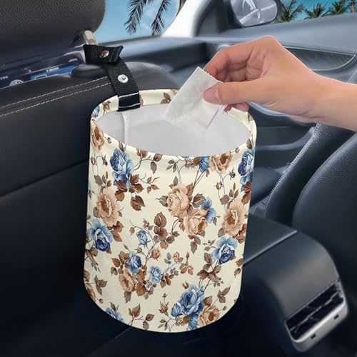 Image of Retro Flower Print Cat Car Garbage Can Small Trash Can with Leak Proof Inside Liner and Hanging Strap Car Organizer Portable for Road Trip