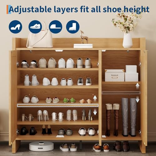 IDEALHOUSE Rattan Shoe Storage Cabinet, 47in Large Farmhouse Boho Wood Shoe Rack Cabinet with Rattan Doors and Adjustable Shelves for Hallway Entrance Apartment Organizer, Dark Oak by IDEALHOUSE - Image 4