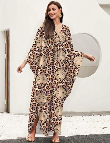 Image of MAKABO Kaftan Dresses for Women, V Neck Moo Moos Colorful Print Cover Ups Caftan Beach Dresses for Swimwear