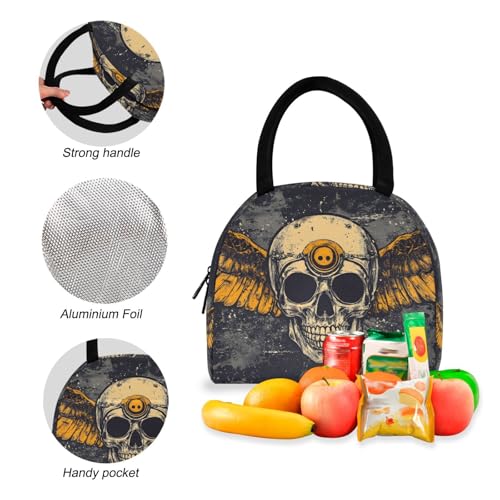 Backpack Lunch Bag Set Vintage Skull with Wings Print, Big Storage Travel Backpacks with Insulated Lunch Box for Office Hiking Picnic4